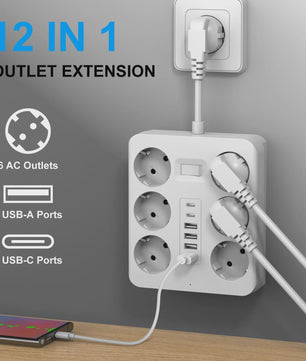 Universele Wandcontactdoos Verlengstuk met 6 AC, 4 USB-A & 2 USB-C Poorten