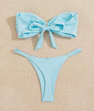 Bandeau Bikini Set met Sterrenornament - Sky Blue Push-Up Thong Badpak