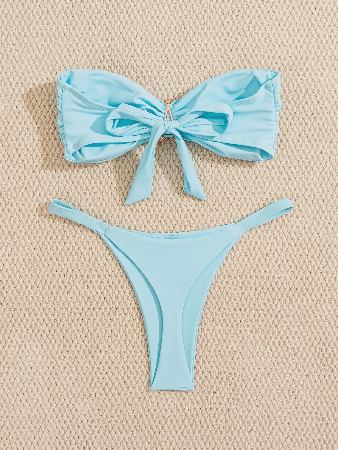 Bandeau Bikini Set met Sterrenornament - Sky Blue Push-Up Thong Badpak