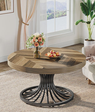 Ronde Salontafel 31" met Visgraatpatroon en Metalen Onderstel - Rustiek Bruin