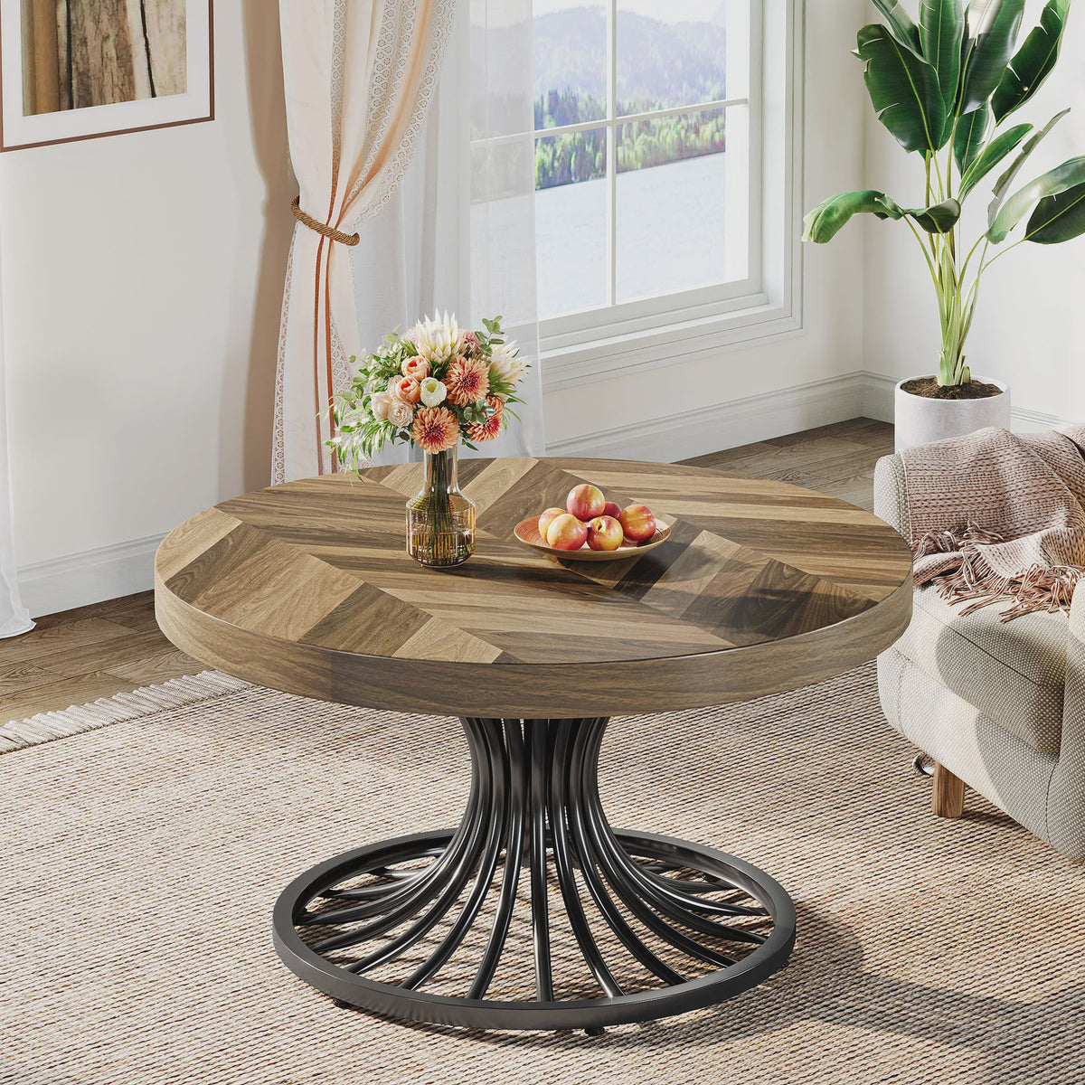 Ronde Salontafel 31" met Visgraatpatroon en Metalen Onderstel - Rustiek Bruin