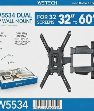 WETECH W5534 TV Muurbeugel - Dubbele Arm, Volledig Verstelbaar voor 32-60 Inch TV's, 32kg Draagvermogen, VESA 100-400mm