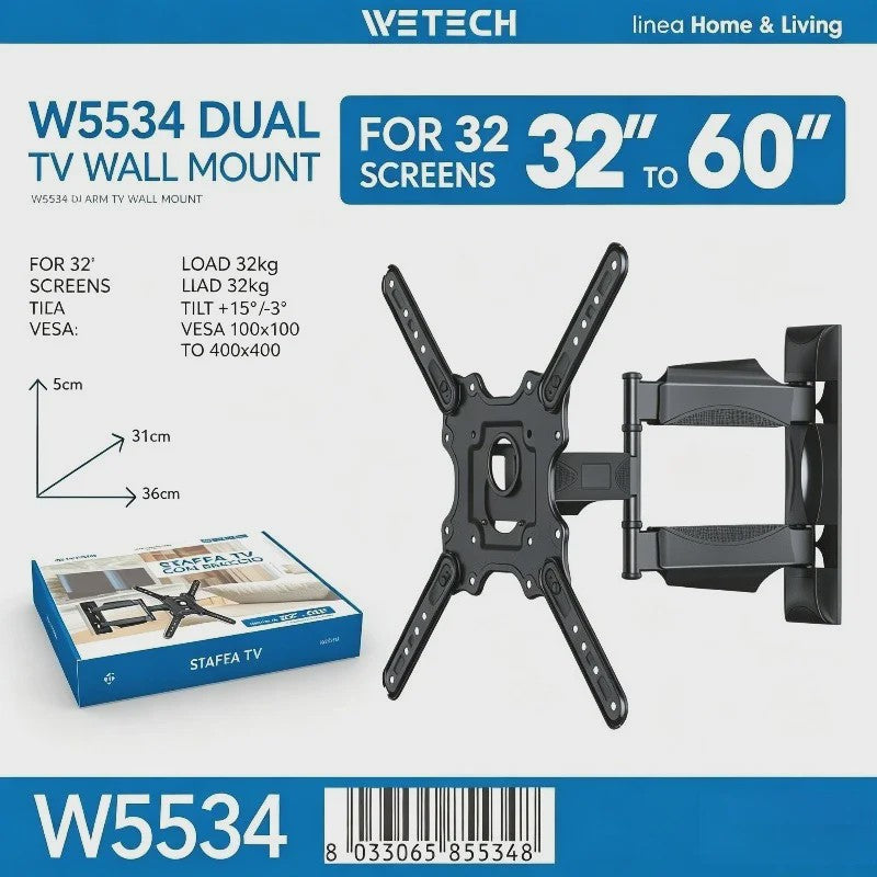 WETECH W5534 TV Muurbeugel - Dubbele Arm, Volledig Verstelbaar voor 32-60 Inch TV's, 32kg Draagvermogen, VESA 100-400mm