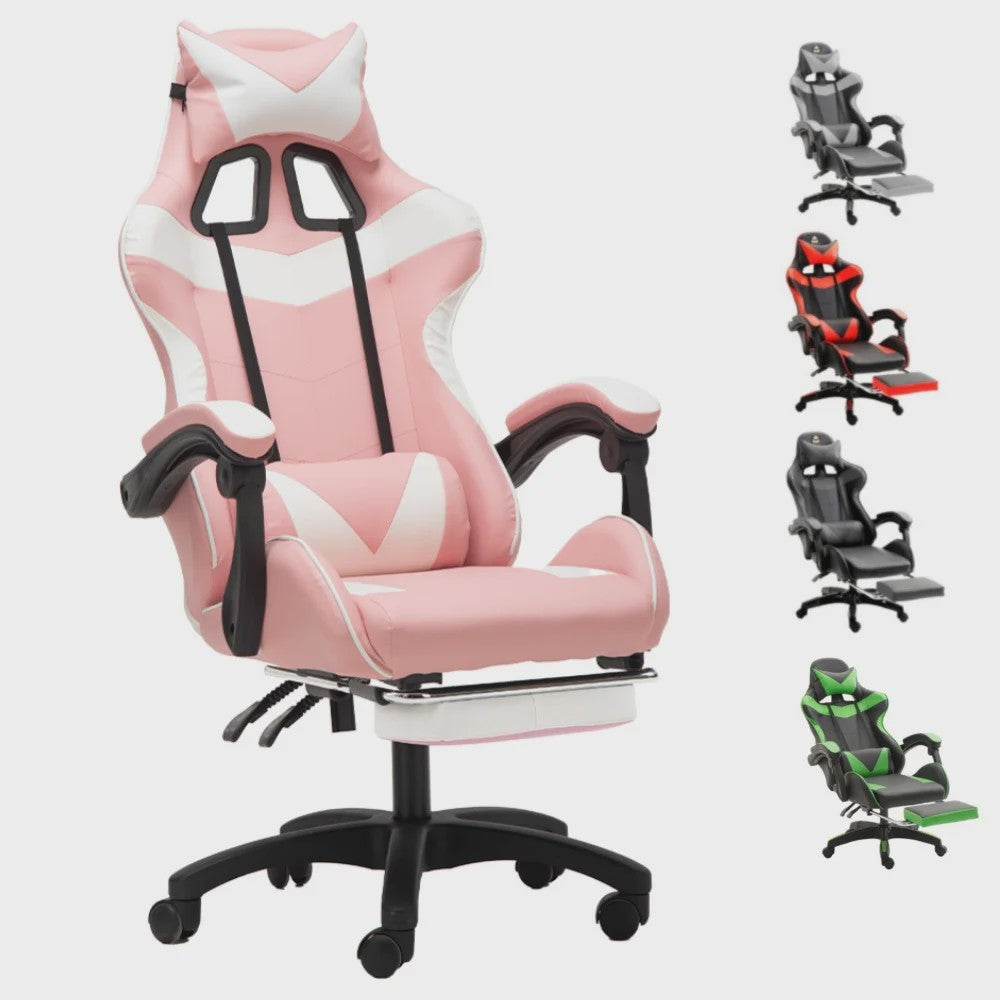 Ergonomische Gaming Stoel met Voetensteun, Lendesteun en Kattenoren Kussen - Zwart