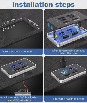 Universele 78W QC3.0 PD Auto Dubbele USB C & USB A Laadpaneel met Schakelaar