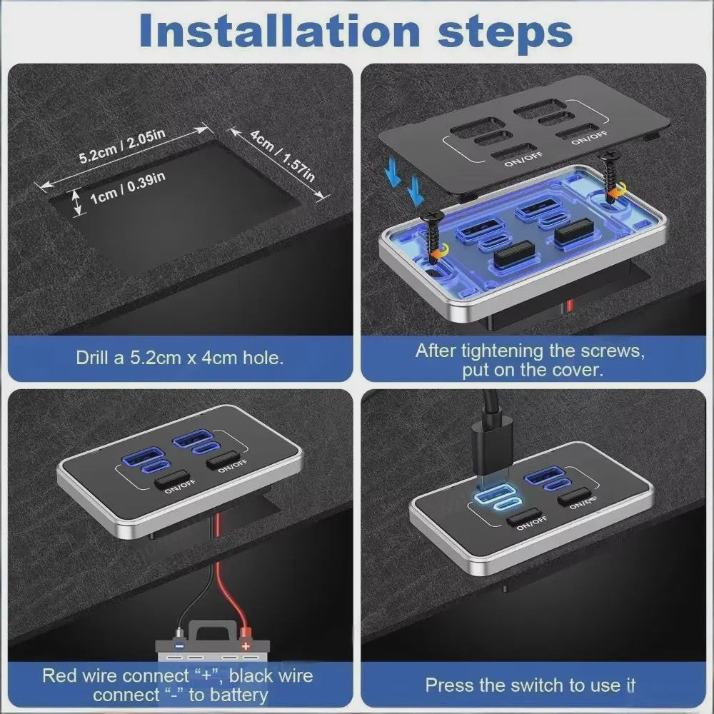 Universele 78W QC3.0 PD Auto Dubbele USB C & USB A Laadpaneel met Schakelaar