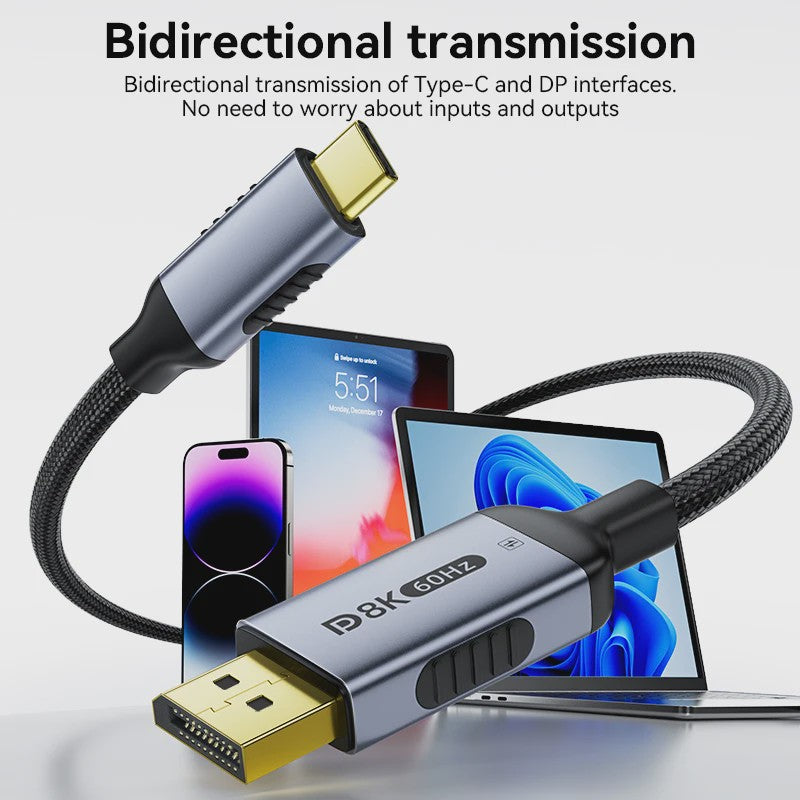 USB-C naar DisplayPort 2.1 Kabel - 8K@60Hz, 4K@144Hz - Thunderbolt 4/3 Compatibel