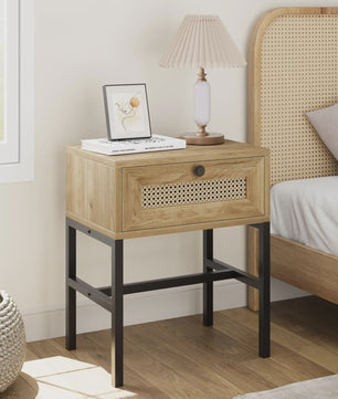 Nachtkastje Rotan Hout met Lade - Boho Bijzettafel met Metalen Frame