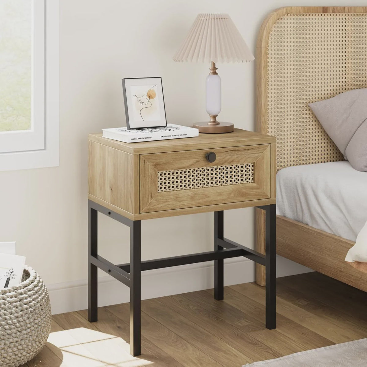 Nachtkastje Rotan Hout met Lade - Boho Bijzettafel met Metalen Frame