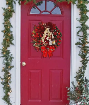 30cm Kerstkrans met Lantaarn en Grote Strik - Decoratieve Deurkrans voor de Feestdagen