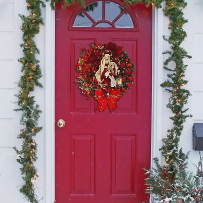30cm Kerstkrans met Lantaarn en Grote Strik - Decoratieve Deurkrans voor de Feestdagen