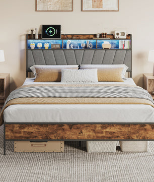 90x200cm Bedframe met LED Opberg Hoofdbord - Metaal & Hout - Gestoffeerd - Geen Boxspring Nodig