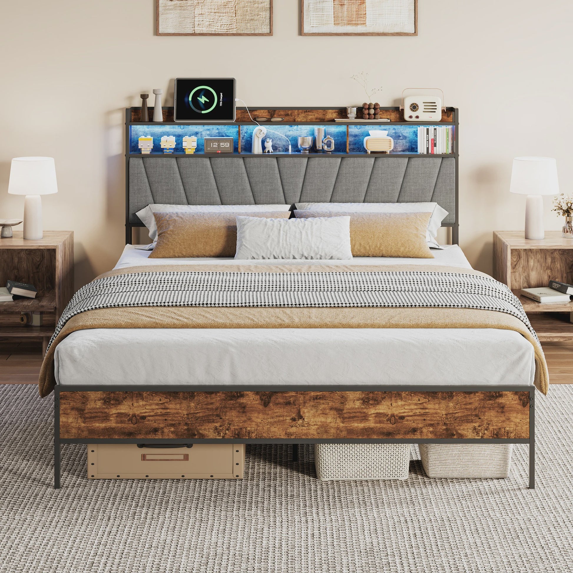 90x200cm Bedframe met LED Opberg Hoofdbord - Metaal & Hout - Gestoffeerd - Geen Boxspring Nodig