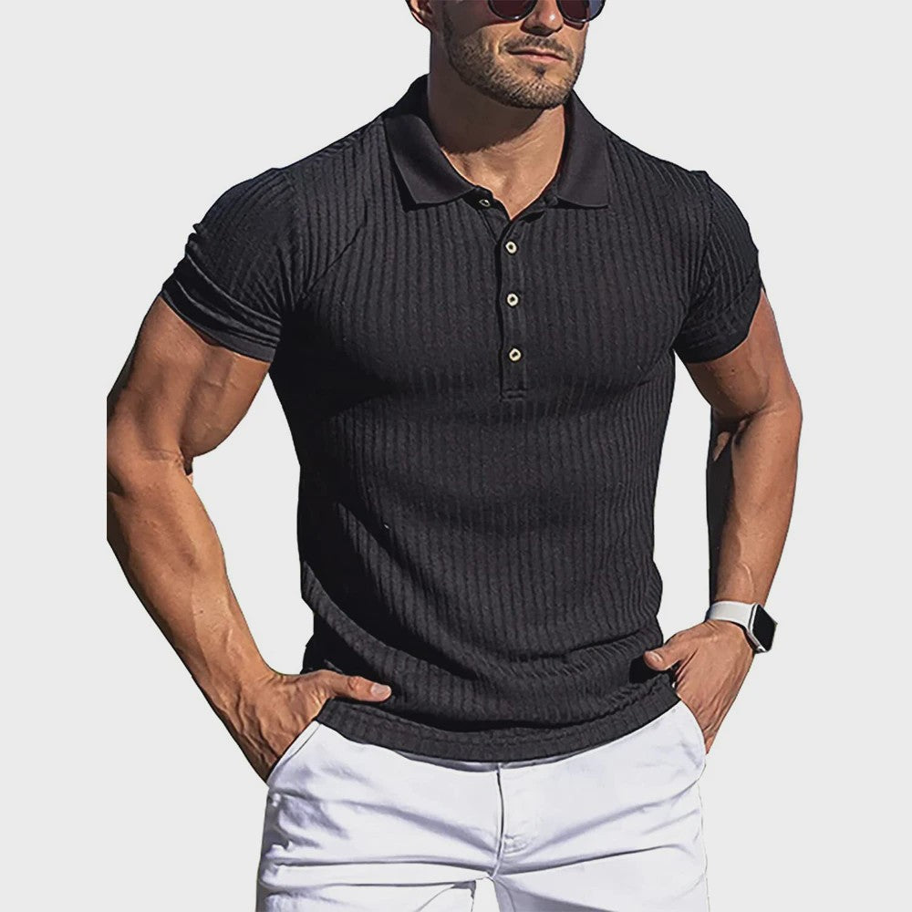 Zomer Heren Poloshirt met Verticale Streep en Elastische Pasvorm - Korte Mouw
