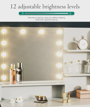 Kaptafel met Verlichting, Spiegel, Kruk en Veel Opbergruimte - Wit