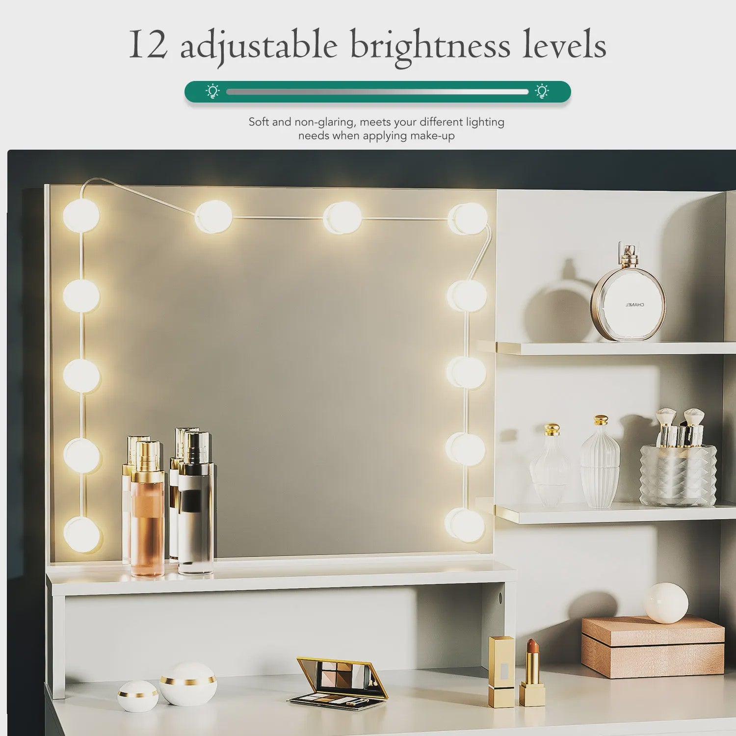 Kaptafel met Verlichting, Spiegel, Kruk en Veel Opbergruimte - Wit