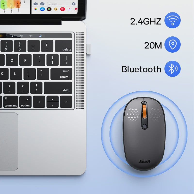 Baseus Draadloze Muis: Bluetooth & 2.4GHz, 1600DPI, Stille Kliks - Perfect voor PC, MacBook & Tablet