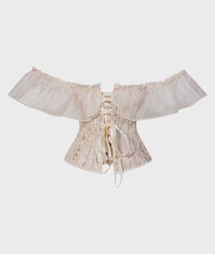 Beige Jacquard Off-Shoulder Corset Top met Ruches en Vetersluiting - Feestelijk & Chic