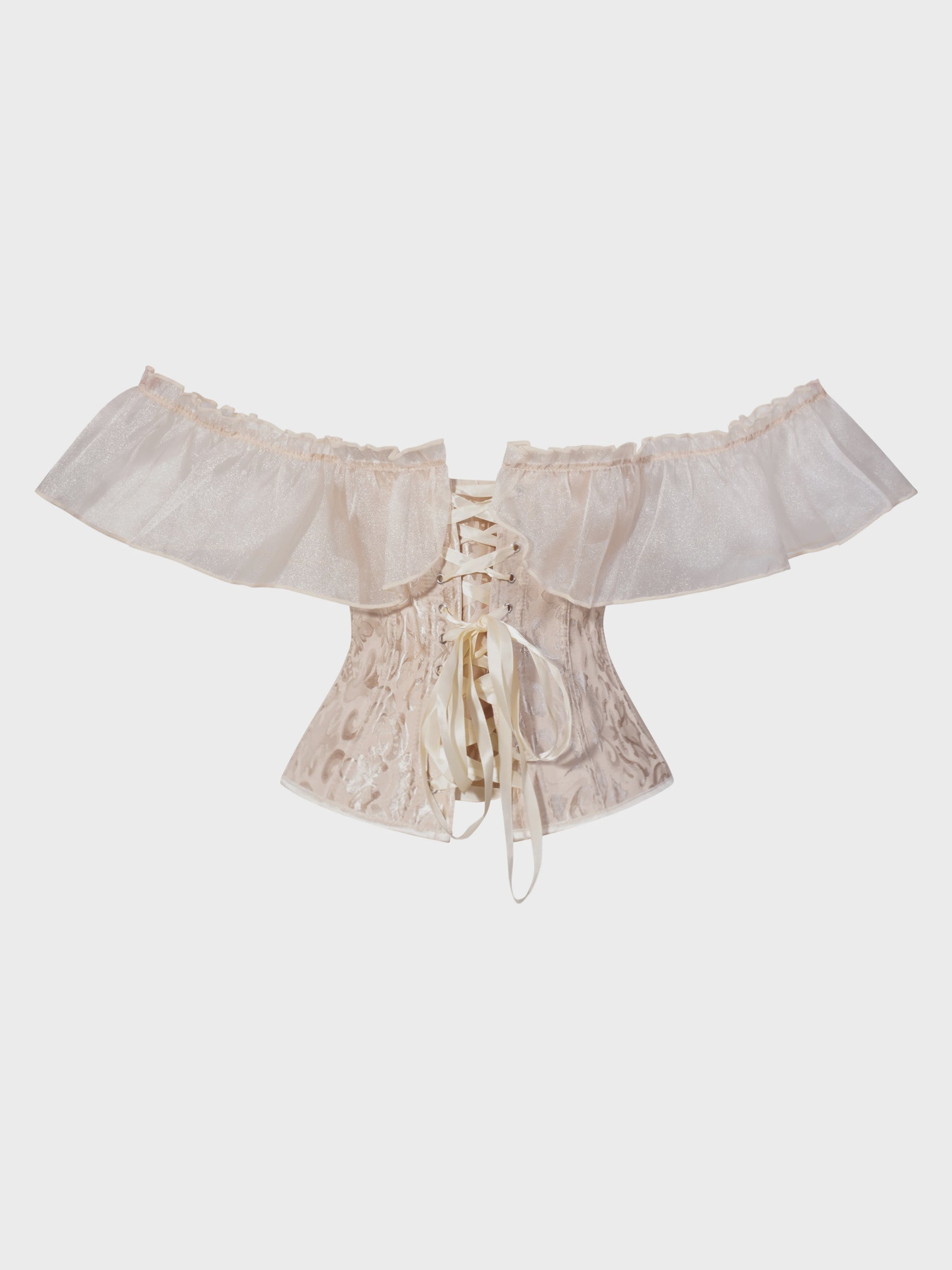 Beige Jacquard Off-Shoulder Corset Top met Ruches en Vetersluiting - Feestelijk & Chic