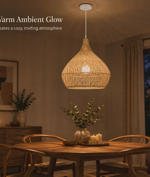 Boho Rotan Hanglamp met Houten Top - Sfeervolle Verlichting voor Woonkamer, Keuken & Eetkamer