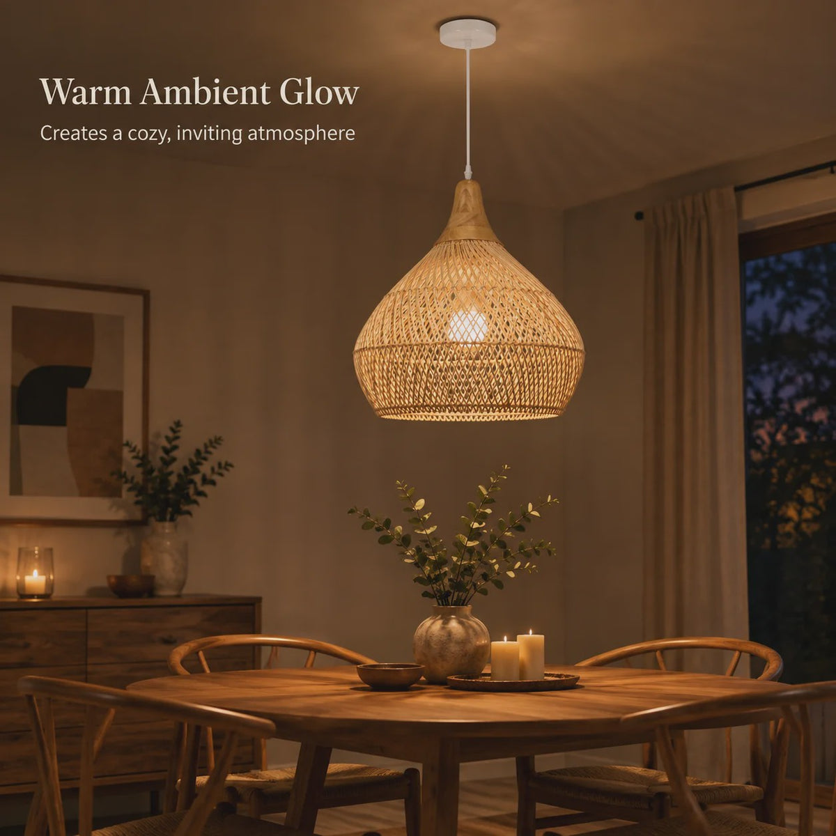 Boho Rotan Hanglamp met Houten Top - Sfeervolle Verlichting voor Woonkamer, Keuken & Eetkamer