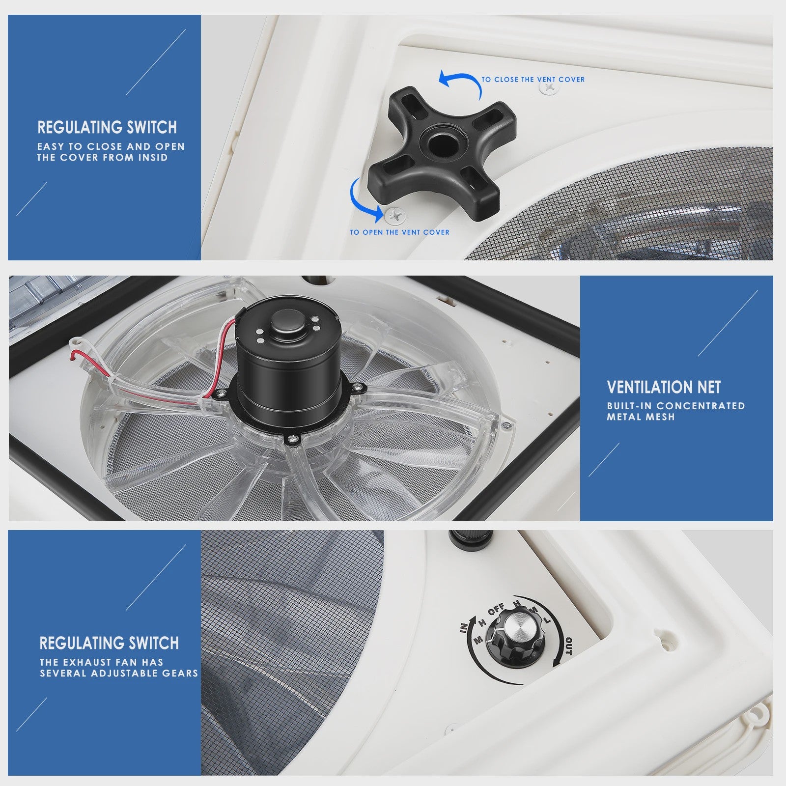 40x40cm Dakventilator met 3 snelheden voor Caravan en Camper (12V) - Handmatige bediening