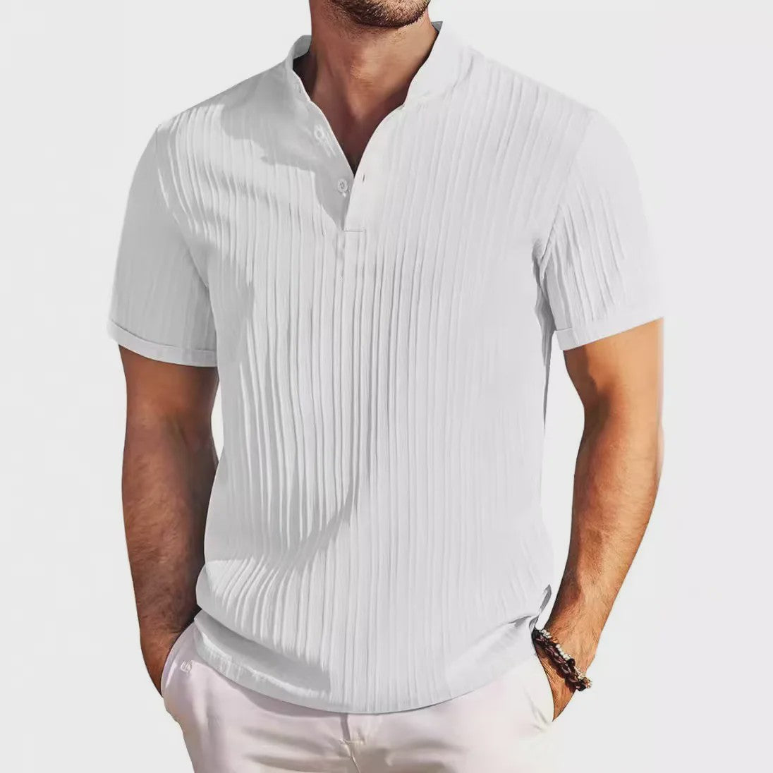 Herenshirt van Katoen en Linnen met Opstaande Kraag - Casual en Comfortabel