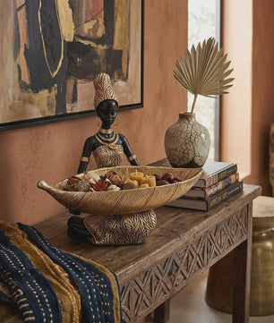 Afrikaanse Tribale Vrouw Beeld met Blad Schaal - Decoratieve Opberger