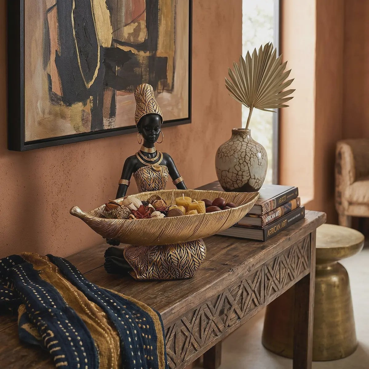 Afrikaanse Tribale Vrouw Beeld met Blad Schaal - Decoratieve Opberger