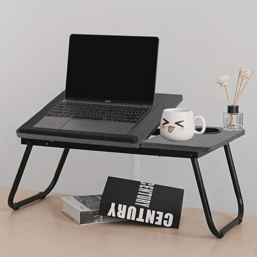 Multifunctionele Opklapbare Laptoptafel met Bekerhouder - Verstelbaar & Draagbaar Hout