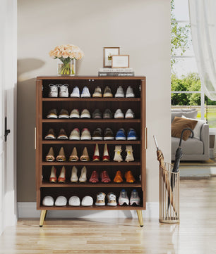 Stijlvolle 6-Laags Houten Schoenenkast met Deuren - Walnoot Design