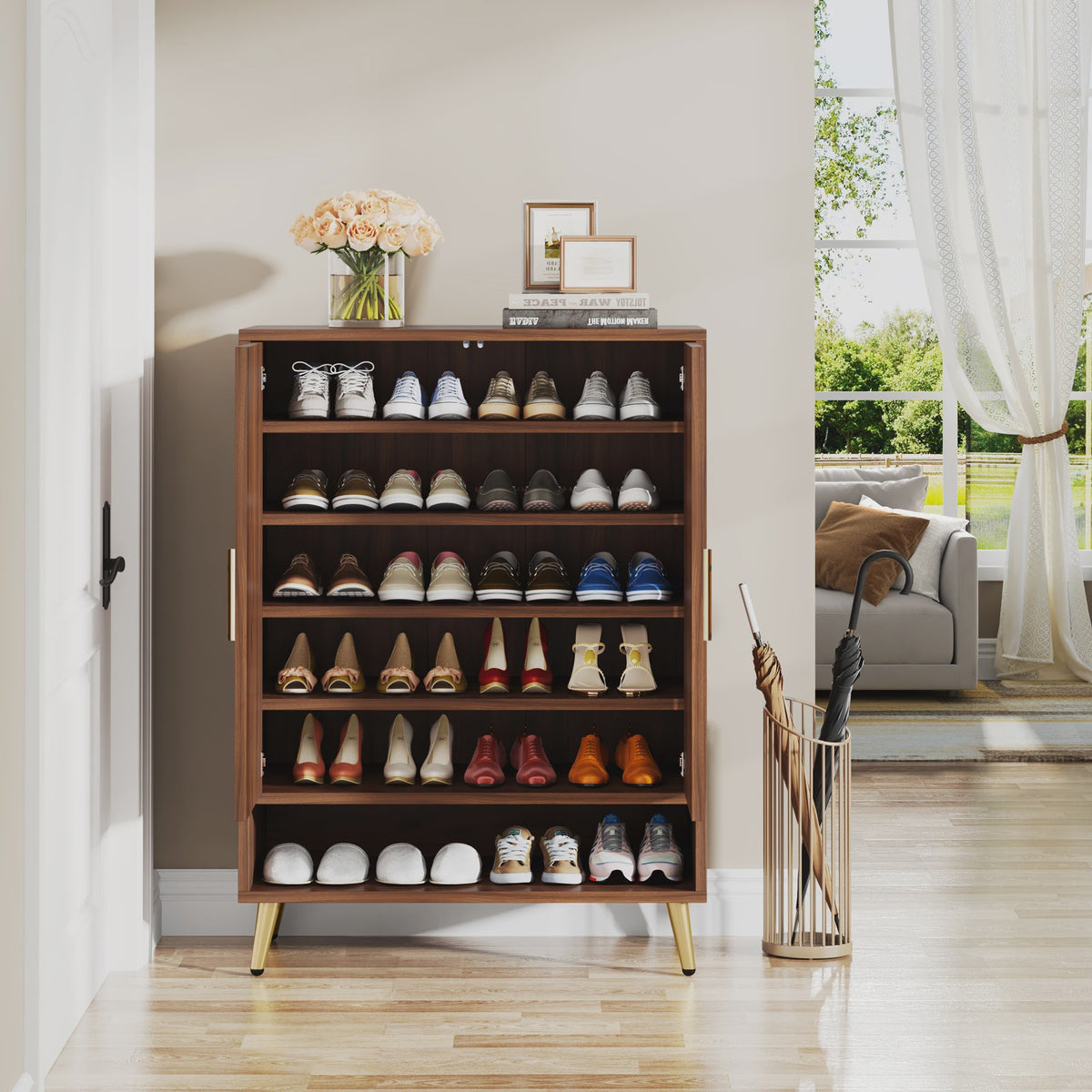 Stijlvolle 6-Laags Houten Schoenenkast met Deuren - Walnoot Design