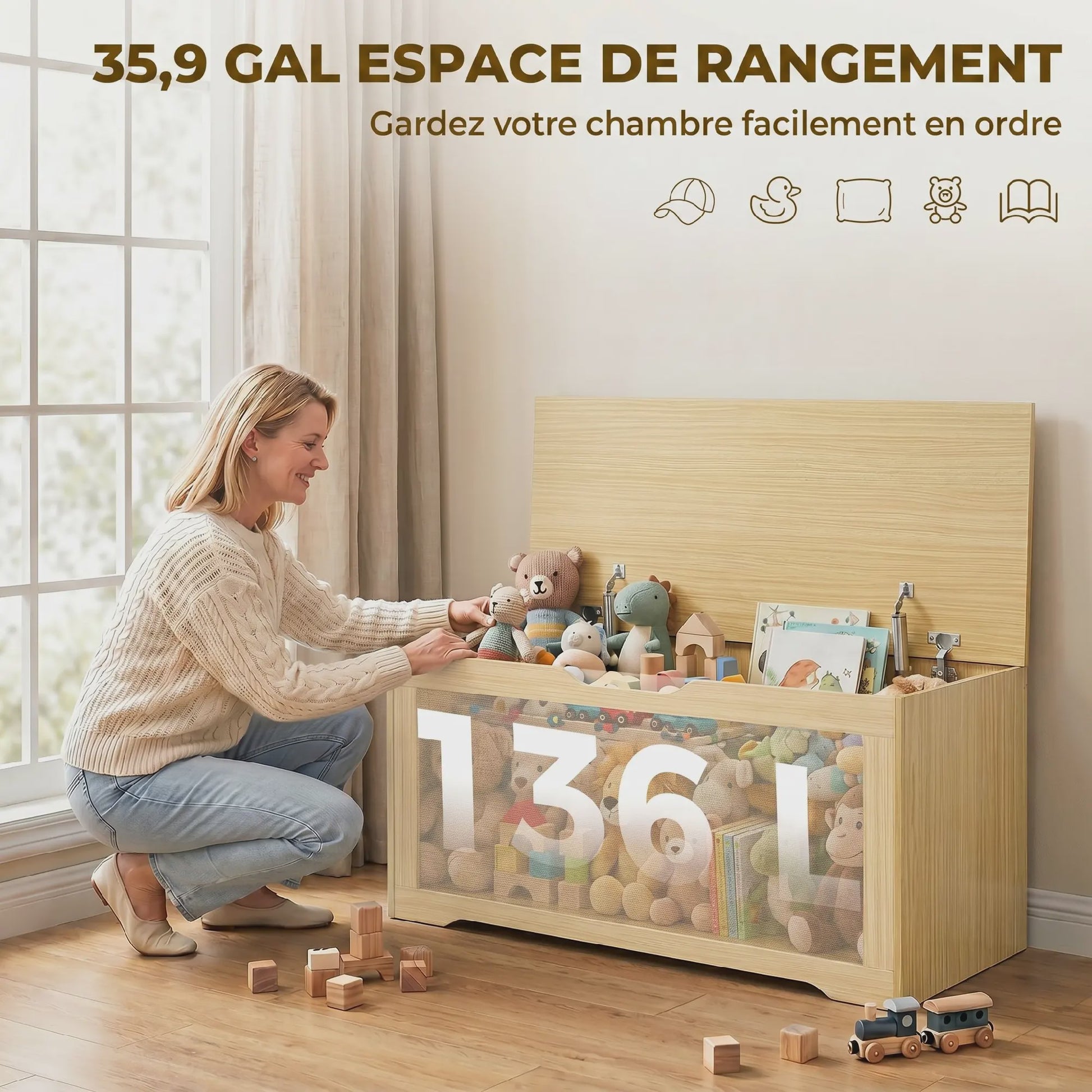 HOMCOM Rotan Opbergkist 136L - Bank met Veiligheidsscharnieren, Eikenlook