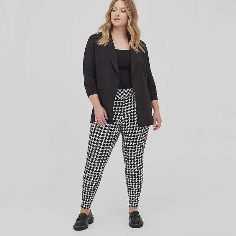 Plus Size Leggings Dames met Pied-de-Poule Print - Hoge Taille Capri Broek