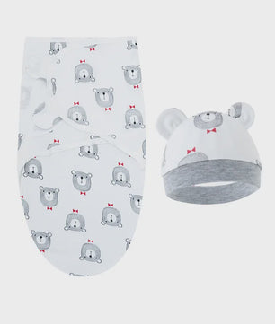 Baby Swaddle & Muts Set - Katoen, Verstelbaar, Cartoon Print, 0-6 Maanden