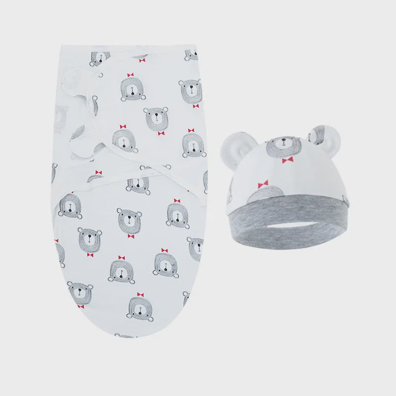 Baby Swaddle & Muts Set - Katoen, Verstelbaar, Cartoon Print, 0-6 Maanden