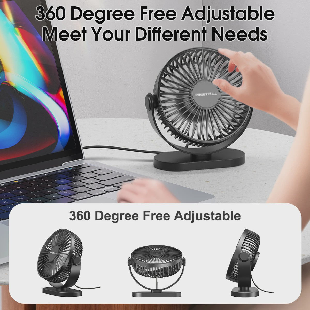 Draagbare USB Mini Ventilator - Stille 3-Snelheden Koeler voor Bureau, Kantoor & Buiten