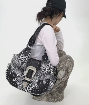 Y2K Leopard Print Patchwork Tote Bag met Ritsen en Meerdere Vakken - Retro Crossbody Handtas