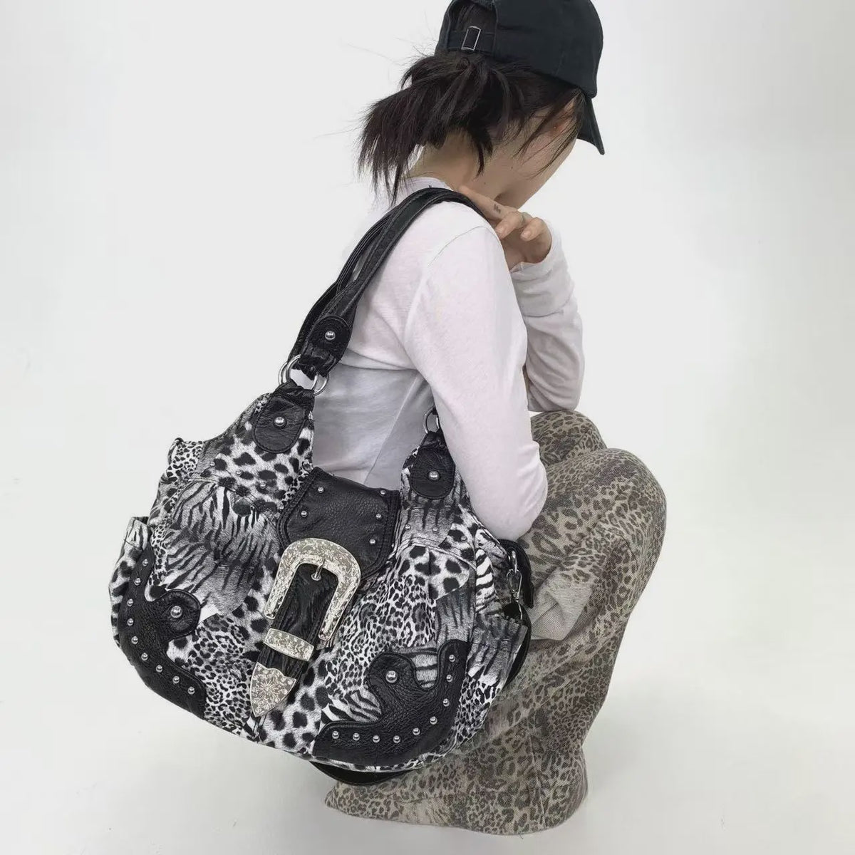 Y2K Leopard Print Patchwork Tote Bag met Ritsen en Meerdere Vakken - Retro Crossbody Handtas