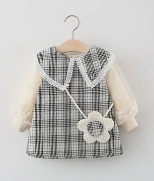 Schattige Baby Meisjes Jurk met Ruitpatroon, Kant en Lange Mouwen - Lente/Herfst