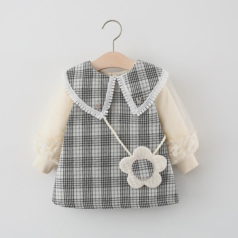 Schattige Baby Meisjes Jurk met Ruitpatroon, Kant en Lange Mouwen - Lente/Herfst