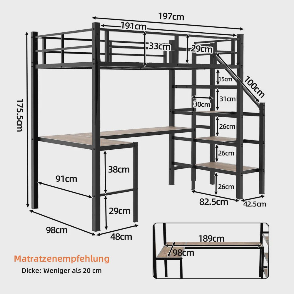 Ruimtebesparend 90x190cm Hoogslaper met L-vormig Bureau, Trap, Opslag & Veiligheidshek