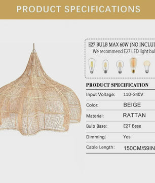Rotan Hanglamp 60cm Beige - Sfeervolle Wicker Plafondlamp met E27 Fitting voor Woon- en Eetkamer