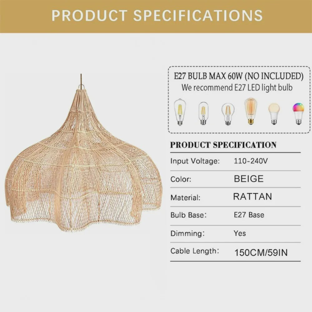 Rotan Hanglamp 60cm Beige - Sfeervolle Wicker Plafondlamp met E27 Fitting voor Woon- en Eetkamer