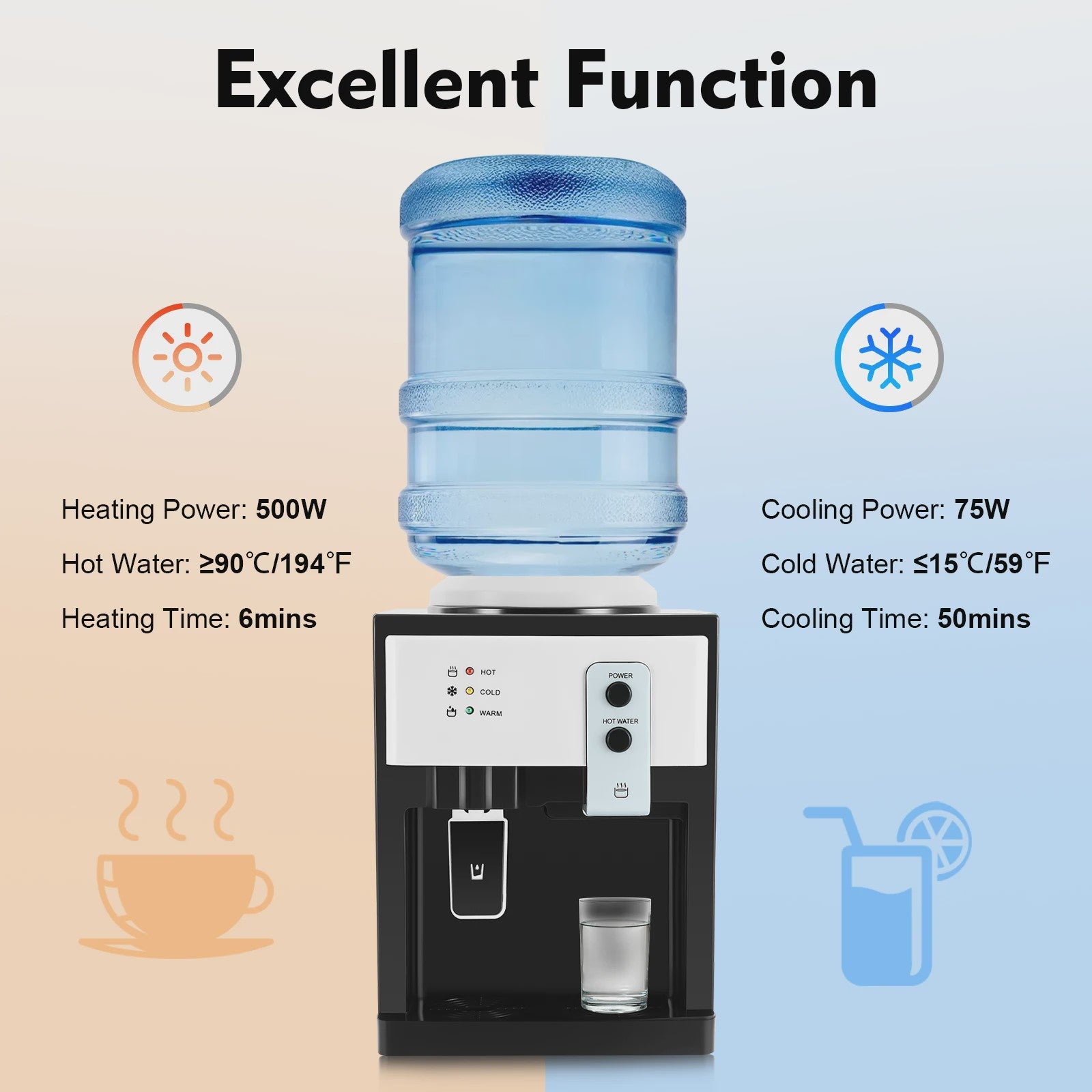 Desktop Water Dispenser met Warm en Koud Water - 500W/75W
