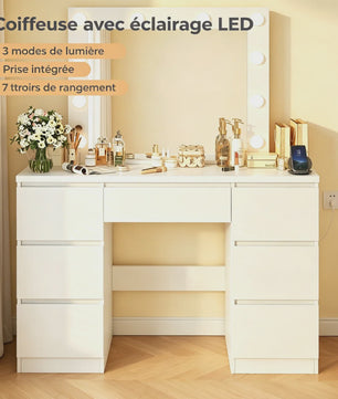 Witte Kaptafel met LED Spiegel, 8 Lades & Ingebouwd Stopcontact