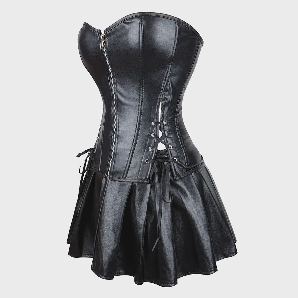 Lederlook Corset met Rok Set - Gothic, Punk & Steampunk Stijl - Verkrijgbaar in Plus Size