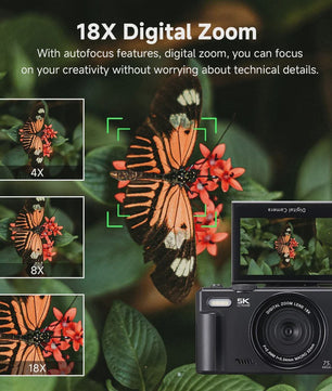 5K Digitale Camera met 75MP, 18x Zoom & 180° Flip Screen - Perfect voor Vlogs, YouTube & Selfies - WiFi