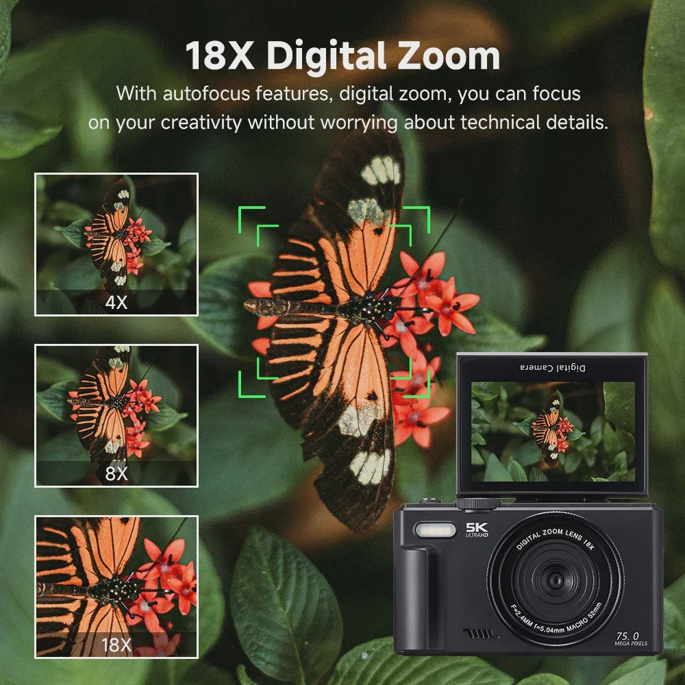 5K Digitale Camera met 75MP, 18x Zoom & 180° Flip Screen - Perfect voor Vlogs, YouTube & Selfies - WiFi