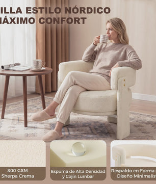 Crème Witte Fauteuil met Schapenvacht en Lendenkussen - Stijlvol Comfort